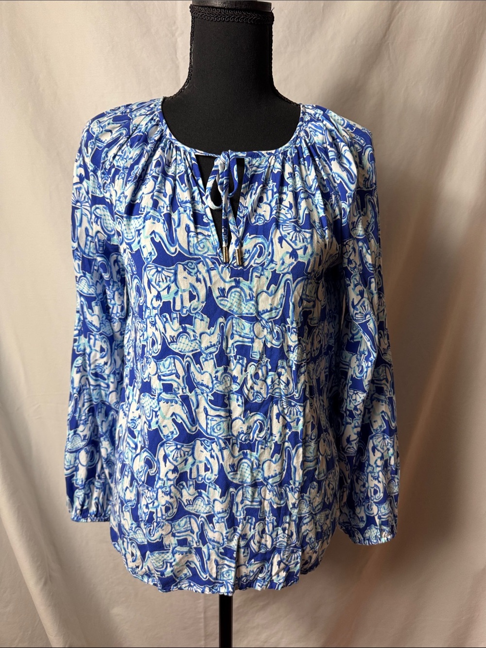 Lilly Pulitzer Blue & White Elephant-Print Tie-Neck Blouse